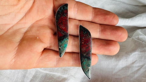 Sonora Sunrise Silver Post Earrings. Rare Chrysocolla Cuprite. Sterling One-of-a-Kind. 3026