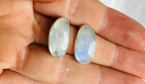 Rainbow Moonstone Post Earrings. Handmade Sterling Silver Jewelry. Small Gift for Her. 3010