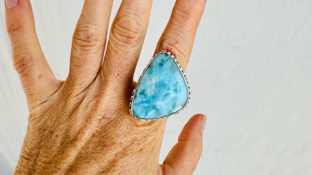 Larimar Cocktail Ring. Oversized Sterling Silver Designer Ring. Botanicals. Size 9. 4151