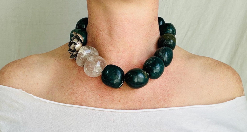 Green Jasper & Quartz Lotus Necklace. Handmade Designer Jewelry. Stone and Sterling Silver.