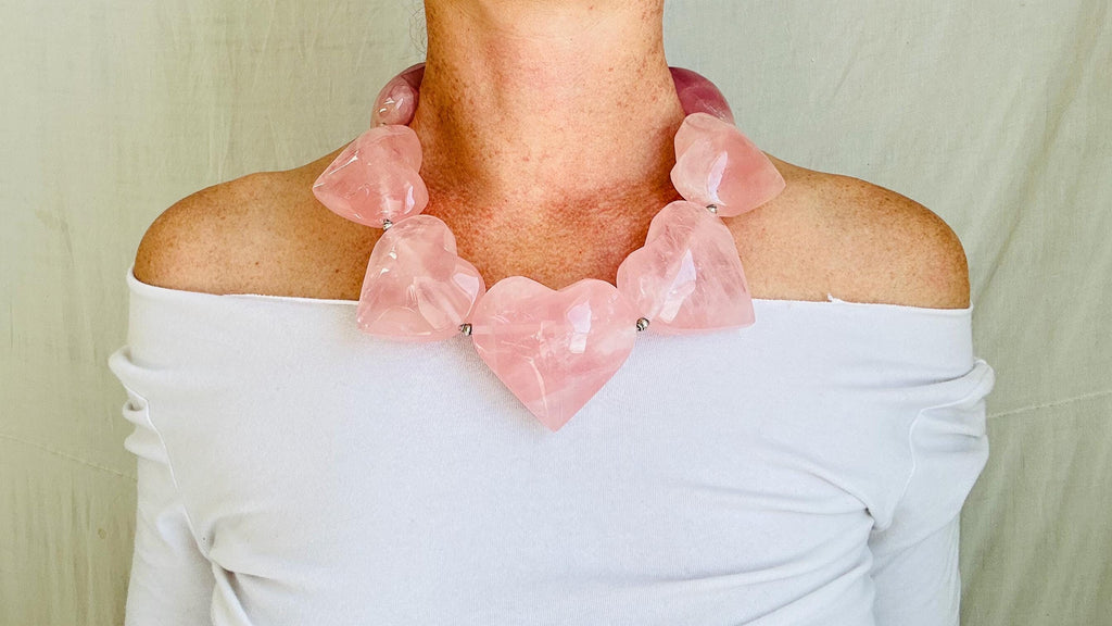 Rose Quartz Heart Necklace. Maximalist Designer Jewelry. Handcrafted with Sterling Silver. 2125