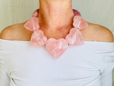 Rose Quartz Heart Necklace. Maximalist Designer Jewelry. Handcrafted with Sterling Silver. 2125