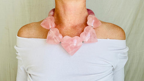 Rose Quartz Heart Necklace. Maximalist Designer Jewelry. Handcrafted with Sterling Silver. 2125