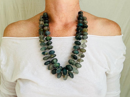 Long Fluorite and Silver Necklace. Handmade Beaded Jewelry. Statement Necklace.