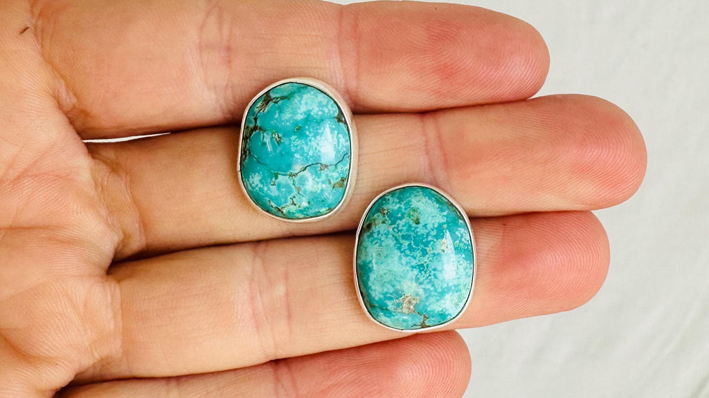 Turquoise Post Earrings in Sterling Silver. Handmade Designer Jewelry. One-of-a-Kind. 2602