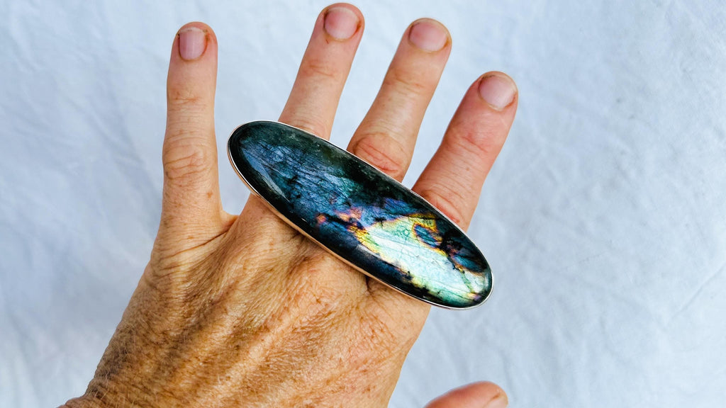 Labradorite Two Finger Ring. Adjustable. Gorgeous Flash.