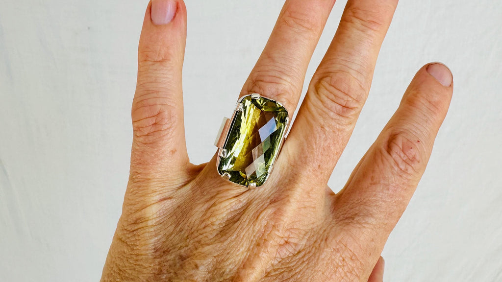 Oversized Faceted Citrine Cocktail Ring | Handmade Adjustable Sterling Silver | Unique Gemstone Jewelry.