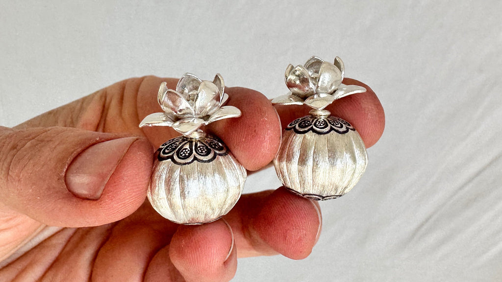Silver Flower Barbell Earrings. Thailand. 1012