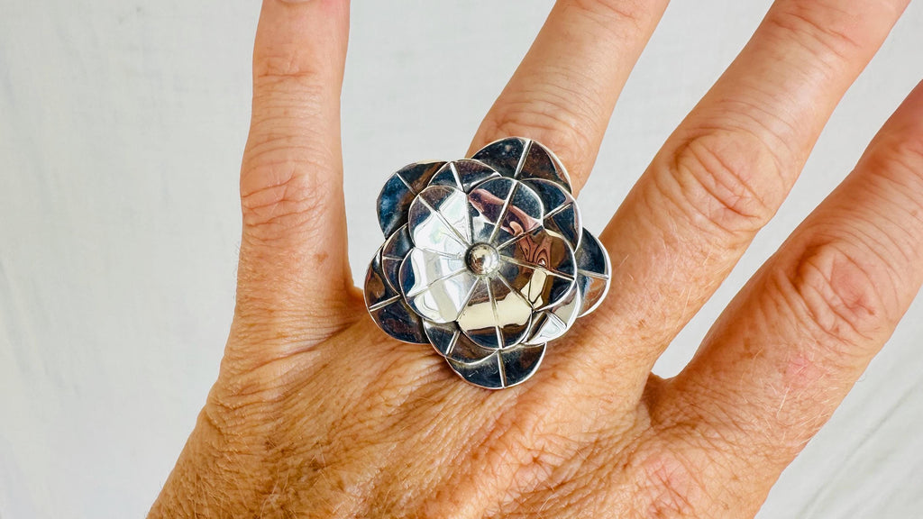 Taxco Silver Flower Ring. Adjustable Sterling Silver Handmade Designer Jewelry. 4222