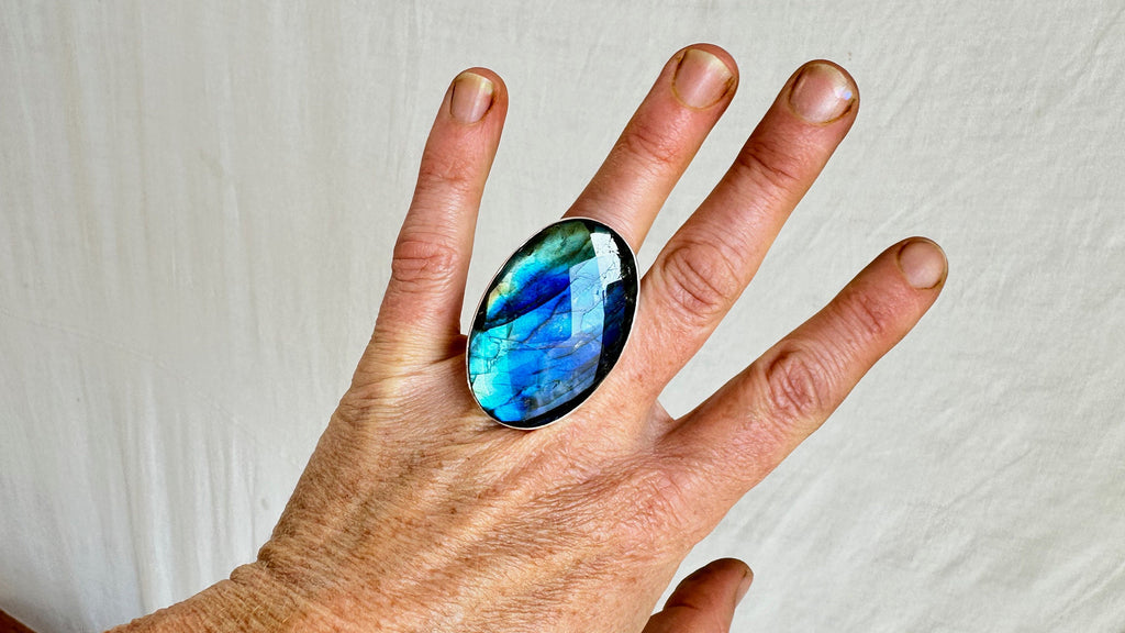 Fiery Oversized Labradorite Ring. Gorgeous Blue. Adustable. 1138