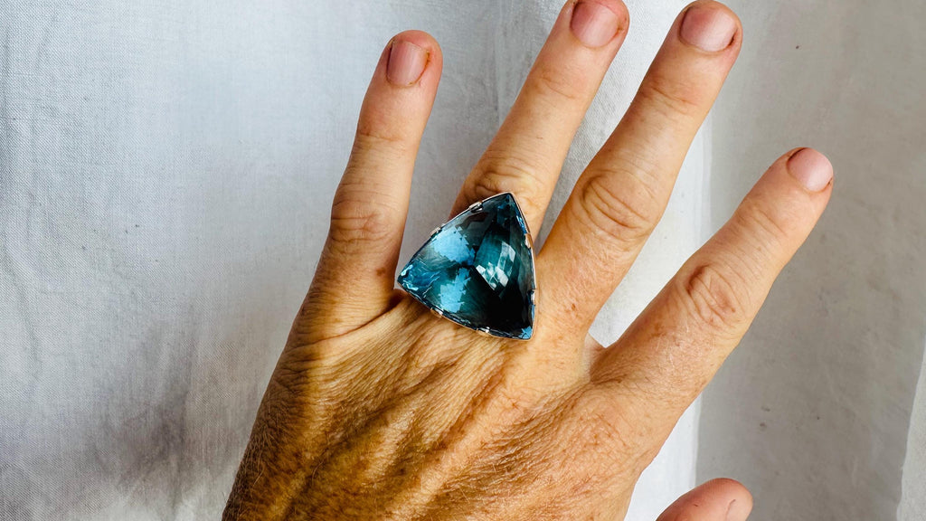 Oversized Faceted Aquamarine Cocktail Ring | Handmade Adjustable Sterling Silver | AAA Stone 3022