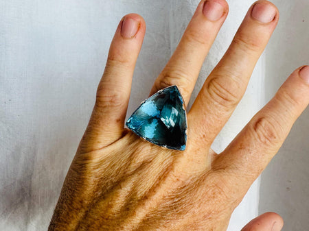 Oversized Faceted Aquamarine Cocktail Ring | Handmade Adjustable Sterling Silver | AAA Stone 3022