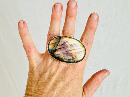 Oversized Labradorite Cocktail Ring. Beautiful Blue Flash Jewelry. Adjustable Sizing. 2607