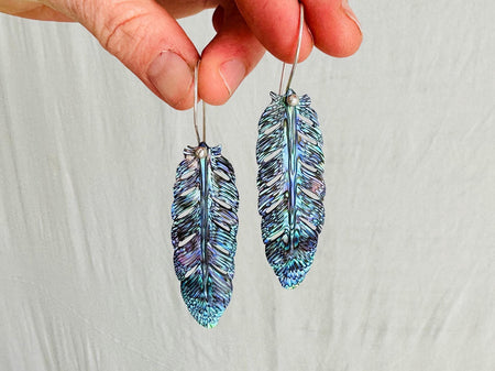 Carved Abalone Feather Earrings. Paua and Sterling Silver Jewelry. Atelier Aadya.