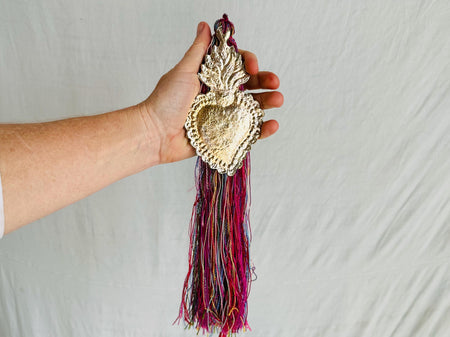 Heart Milagro & Vintage Zinacantan Tassel. Bohemian Home Decor.
