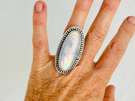 Rainbow Moonstone Cocktail Ring. Maximalist Sterling Silver Jewelry. Adjustable. 0851