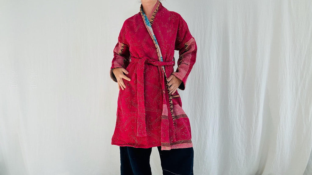 Vintage Kantha Wrap Jacket. Kimono Style. All Cotton Hand Quilted. 4365