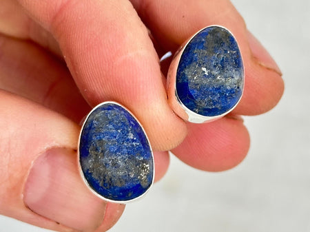 Rough Lapis Lazuli Earrings. Asymmetrical Posts. Handmade Sterling Silver Jewelry . 1178