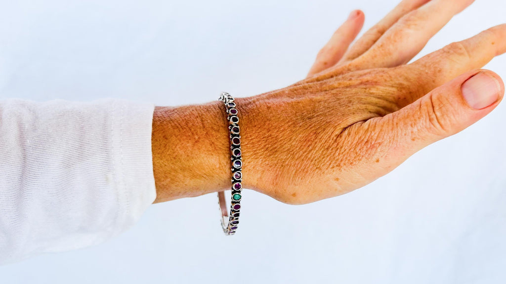 Ruby, Turquoise & Sterling Silver Bangle. India. 4399