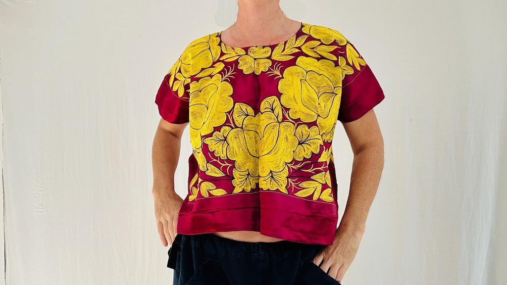 Vintage Satin Tehuana Huipil. Frida Kahlo Blouse. Oaxaca, Mexico. Hand Embroidered. 4373