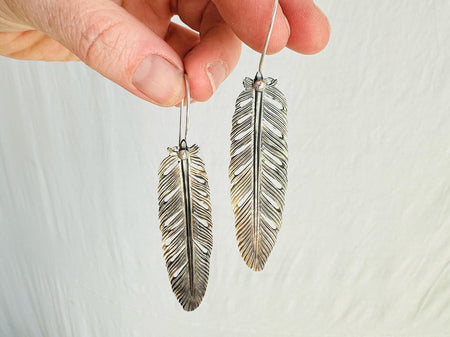 Carved MOP Feather Earrings. Black Mother-of-Pearl and Sterling Silver Jewelry. Atelier Aadya. 4170