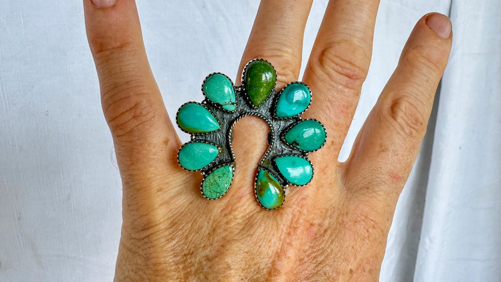 Natural Turquoise Cocktail Ring. Oversized Sterling Silver Designer Ring. Botanicals. Size 7 . 4283