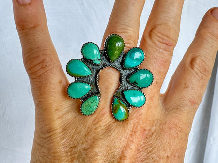 Natural Turquoise Cocktail Ring. Oversized Sterling Silver Designer Ring. Botanicals. Size 7 . 4283