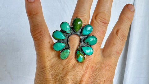 Natural Turquoise Cocktail Ring. Oversized Sterling Silver Designer Ring. Botanicals. Size 7 . 4283