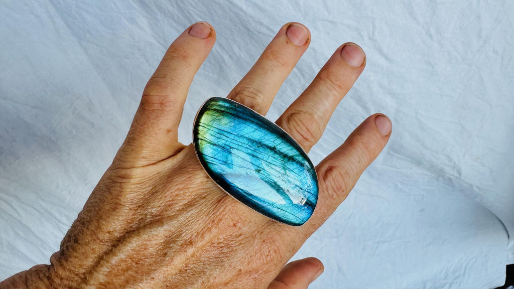 Labradorite Two Finger Ring. Adjustable. Gorgeous Flash.