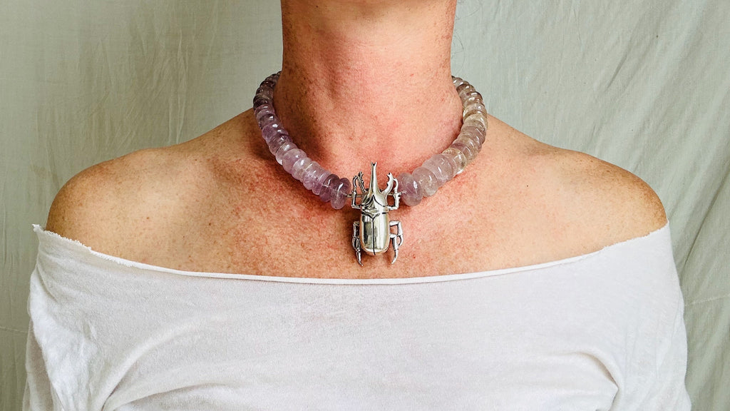 Amethyst Beetle Pendant Necklace. 0672