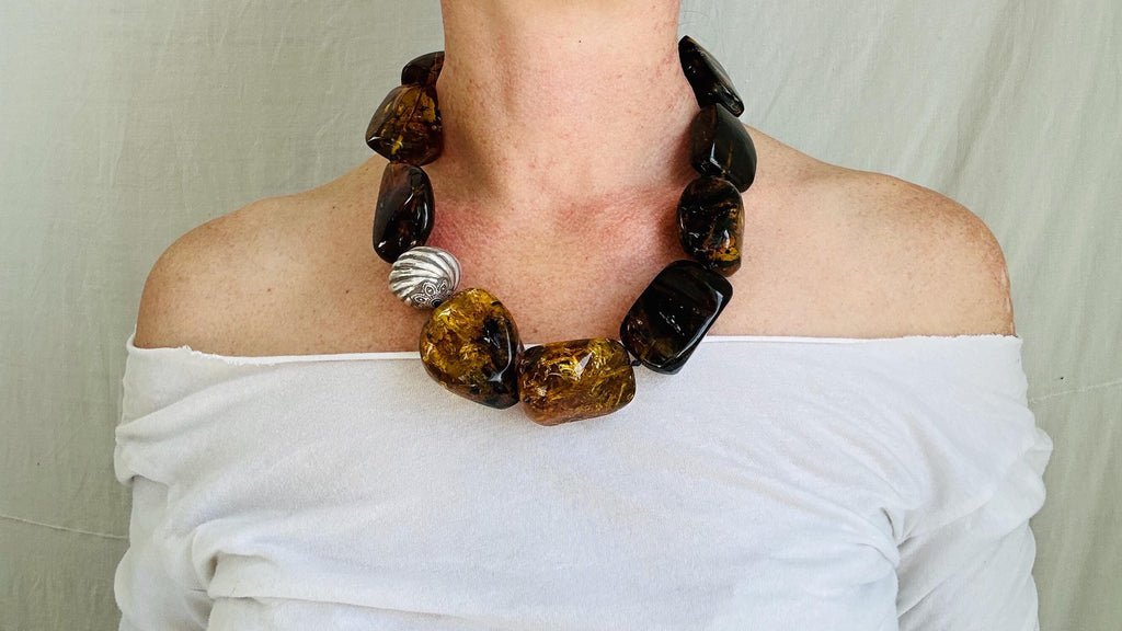 Dramatic Amber Necklace. Antique Sterling Silver Beads. Maximalist Designer Jewelry. 2390