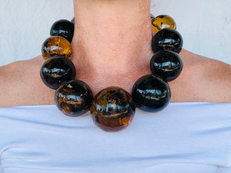 Huge Graduated Amber Round Bead Necklace. Dramatic and Gorgeous!