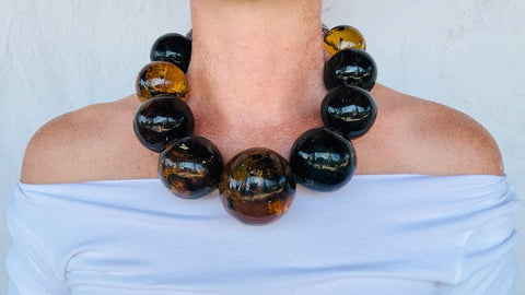 Huge Graduated Amber Round Bead Necklace. Dramatic and Gorgeous!