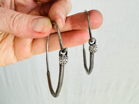 Vintage Large Kuchi Silver Hoop Earrings. Sterling Silver. 0691