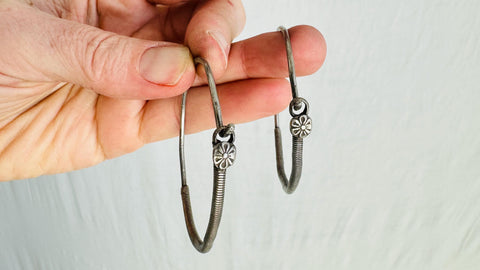 Vintage Large Kuchi Silver Hoop Earrings. Sterling Silver. 0691