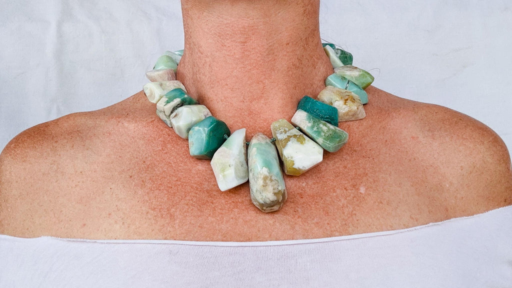 Green Flower Agate Necklace. Handmade Sterling Silver Designer Jewelry. 2838