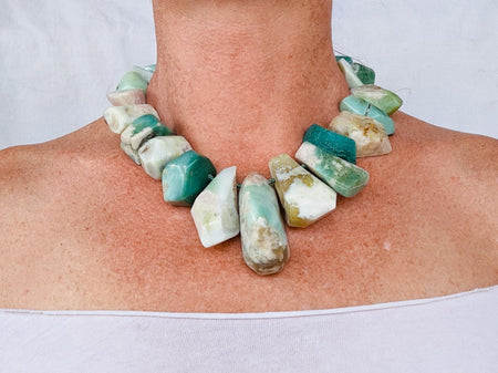 Green Flower Agate Necklace. Handmade Sterling Silver Designer Jewelry. 2838