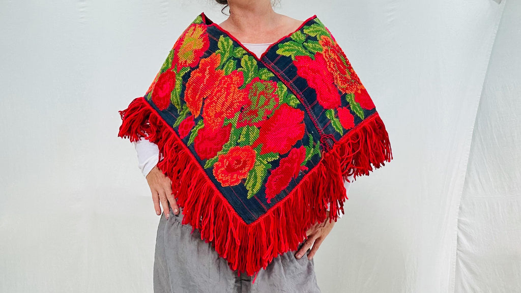 Embroidered Poncho. Mazahua Quechquemitl. Hand-Woven and Embroidered.