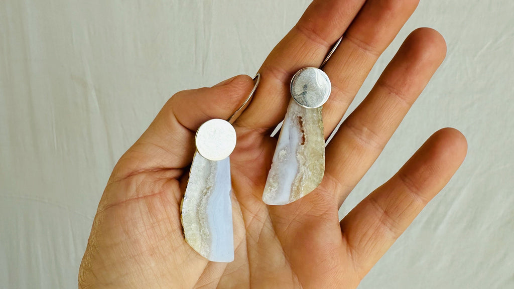 Blue Lace Agate Druzy Earrings. Sterling Silver. 2499