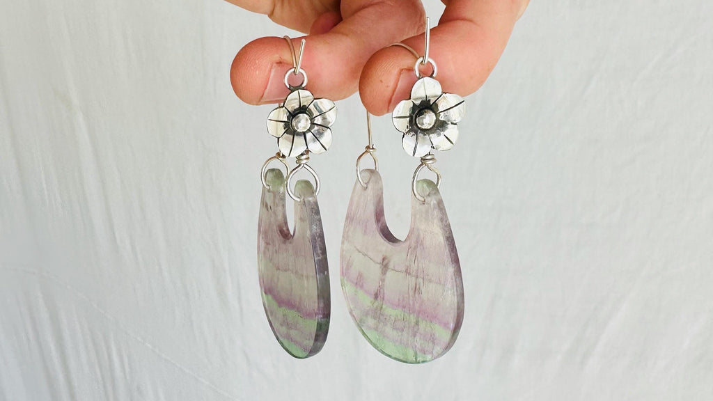 Rainbow Fluorite & Silver Flower Earrings. Sterling Silver. Atelier Aadya. 2748