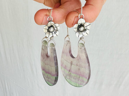 Rainbow Fluorite & Silver Flower Earrings. Sterling Silver. Atelier Aadya. 2748