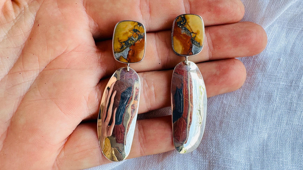 Maligano Jasper Earrings with Squash Blossoms. Sterling Silver. 2889