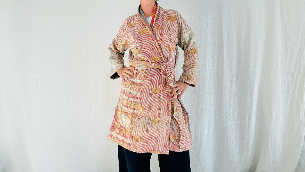 Vintage Kantha Wrap Jacket. Kimono Style. All Cotton Hand Quilted. 4366