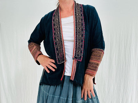 Vintage Tribal Red Dao Indigo Jacket. Fabulous Embroidery. Hmong Vietnam S-M