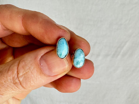 Larimar & 18K Gold Earrings. Stud. Comfort Ball Back. 1140