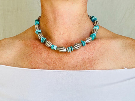 Silver & Turquoise Beaded Necklace. Handcrafted Sterling Silver Jewelry. Boho Jewelry. Gift for Her. 2126