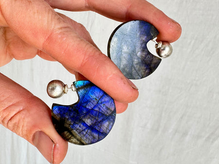 Labradorite Flat Hoop Earrings. Violet. Sterling Silver. 1155