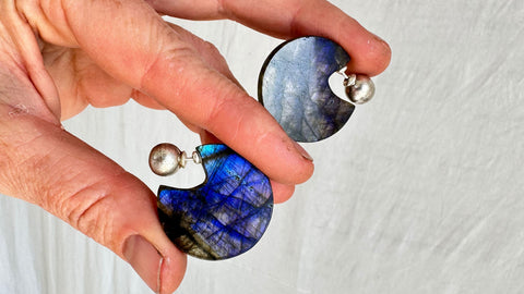 Labradorite Flat Hoop Earrings. Violet. Sterling Silver. 1155