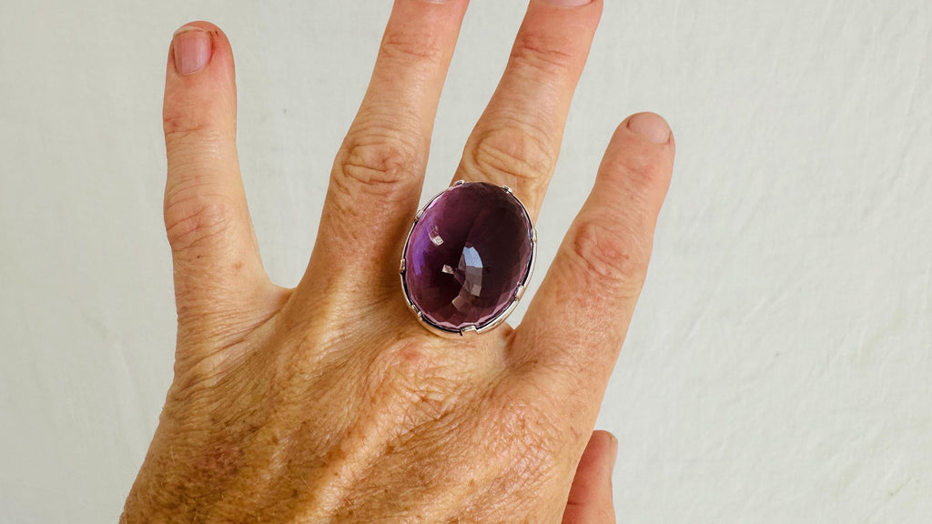 Oversized Faceted Amethyst Ring | Handmade Adjustable Sterling Silver | Unique Gemstone Jewelry. 4022