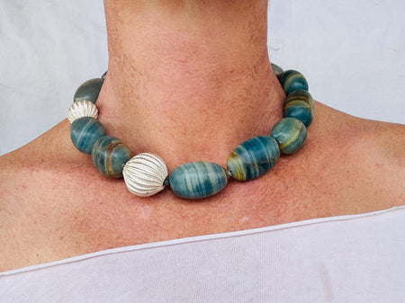 Blue Onyx and Sterling Beaded Necklace. Handcrafted Designer Statement Jewelry. 2841